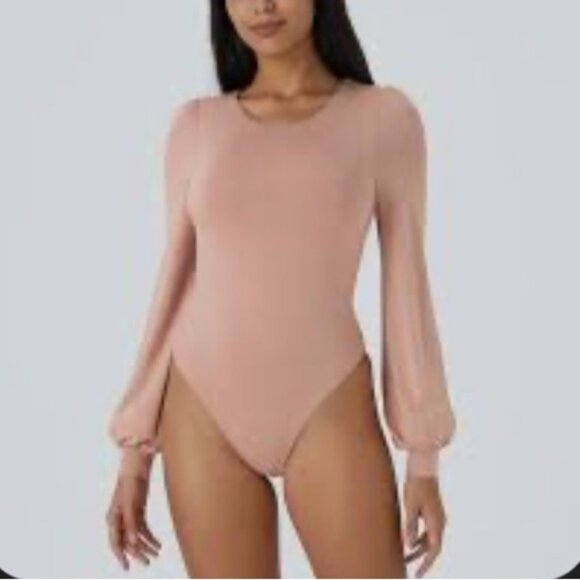 Halara V Neck Long Sleeve Button Work Bodysuit Sz Large Womens Pink - Picture 1 of 9
